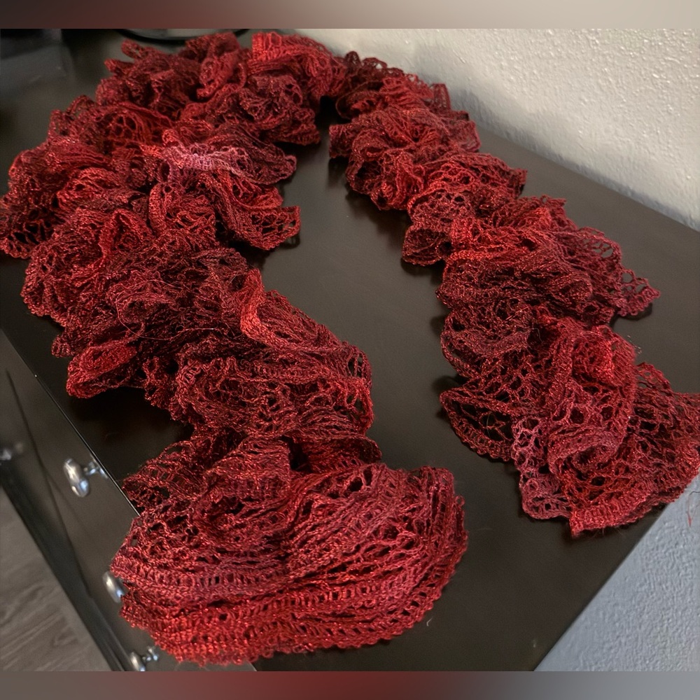 Red Ruffled Lace Scarf Wrap | Feminine Fashion Accent Scarf - Picture 2 of 3